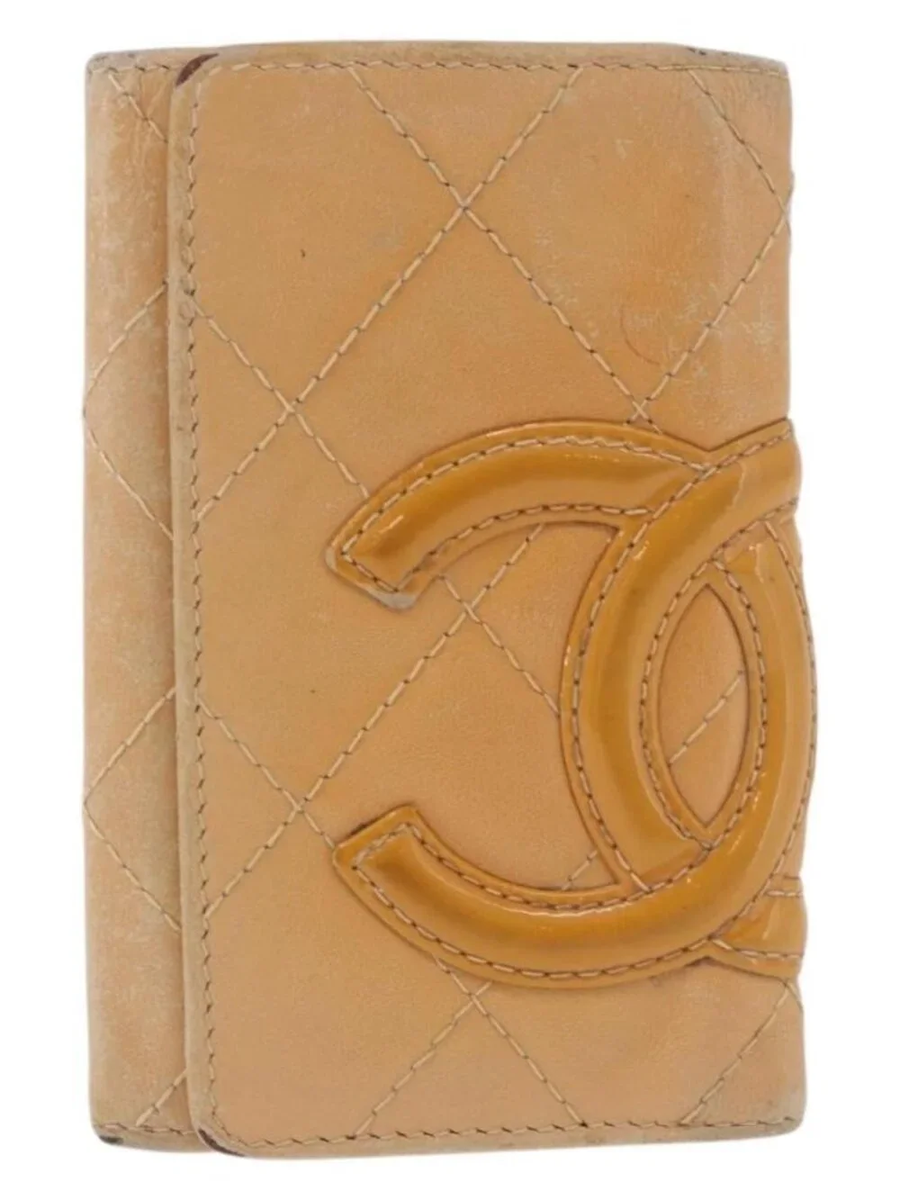 CHANEL Cambon Line Matelasse Key Case Leather Beige Silver CC Auth ep14903